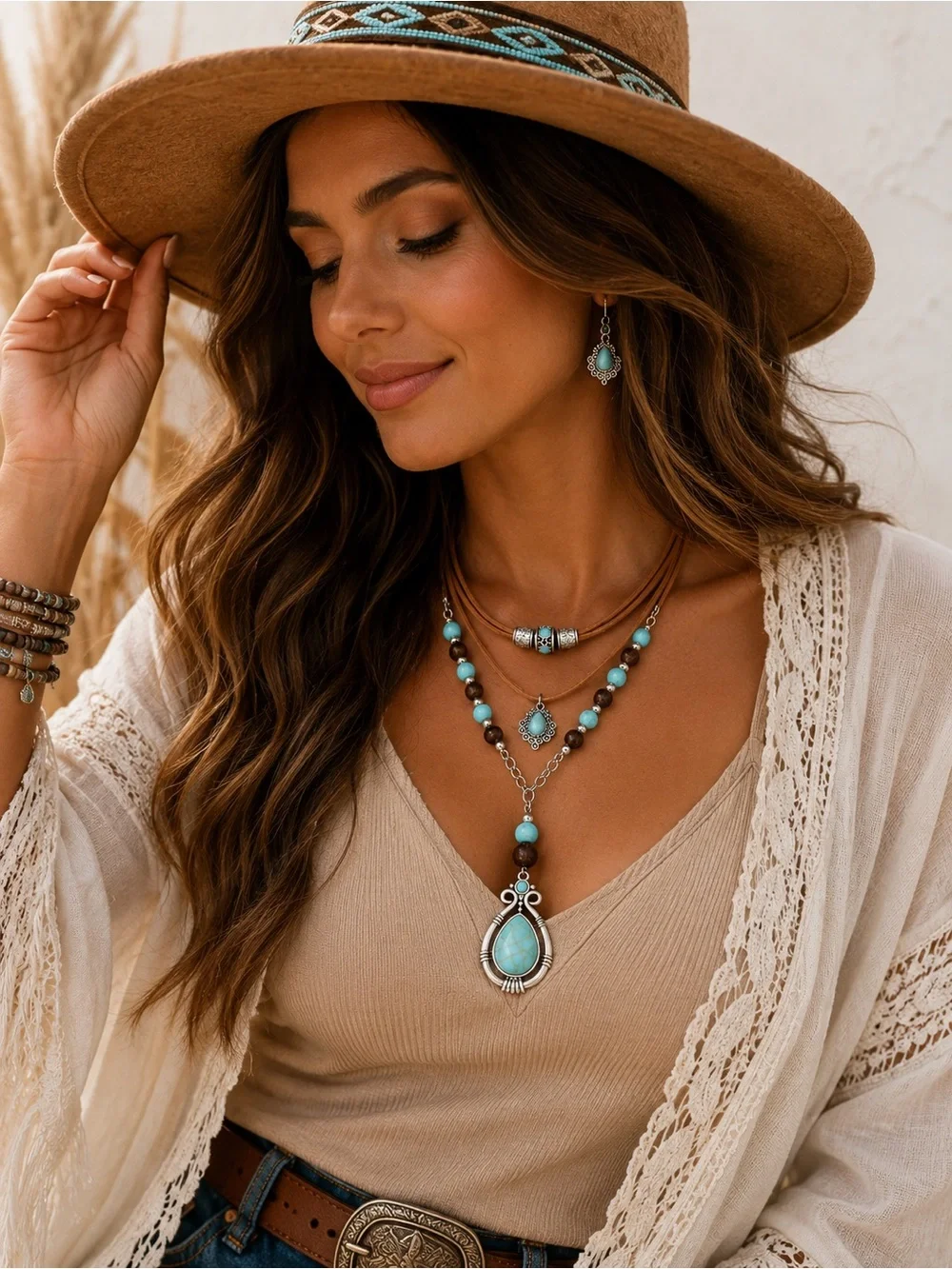 Boho Multi-Layer Vintage Turquoise Pendant Necklace, 18K Gold Plated